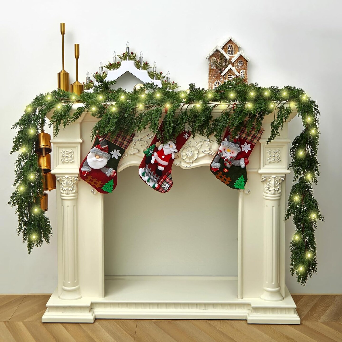 6FT Cedar Garland Realistic Christmas Garland with 16 FT LED Lights String