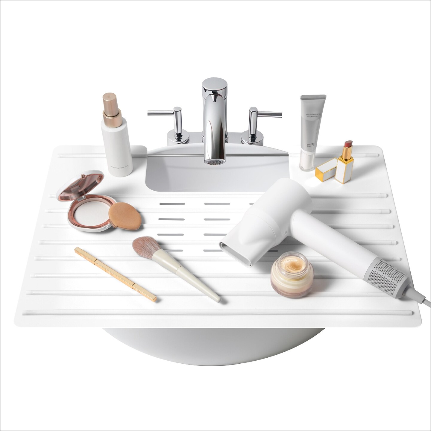Maplefield Bathroom Sink Cover & Silicone Makeup Mat - White, 22 x 2 x 2 In - Heat Resistant to 400°F - Foldable Roll-Up Design with Raised Ridges - Space-Saving Countertop Mat