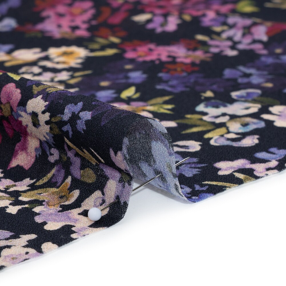 1 Yard Sonnet for Summer Cotton Crepe Fabric Navy Magenta Indigo Watercolor Flowers 53 inch Width