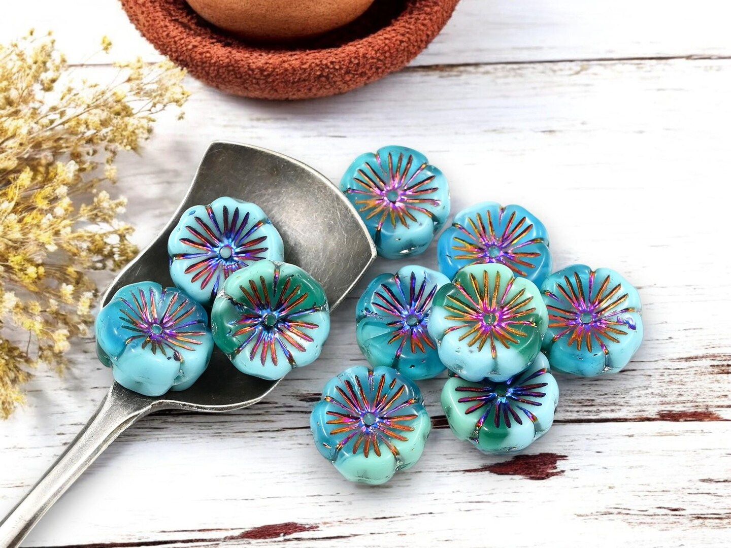 〚ハビエル様ご確認用〛✽Beadsflowers✽カーネーション✽Blue✽ 10* 14mm Metallic Volcano Washed Opaque Blue Turquoise Hawaiian