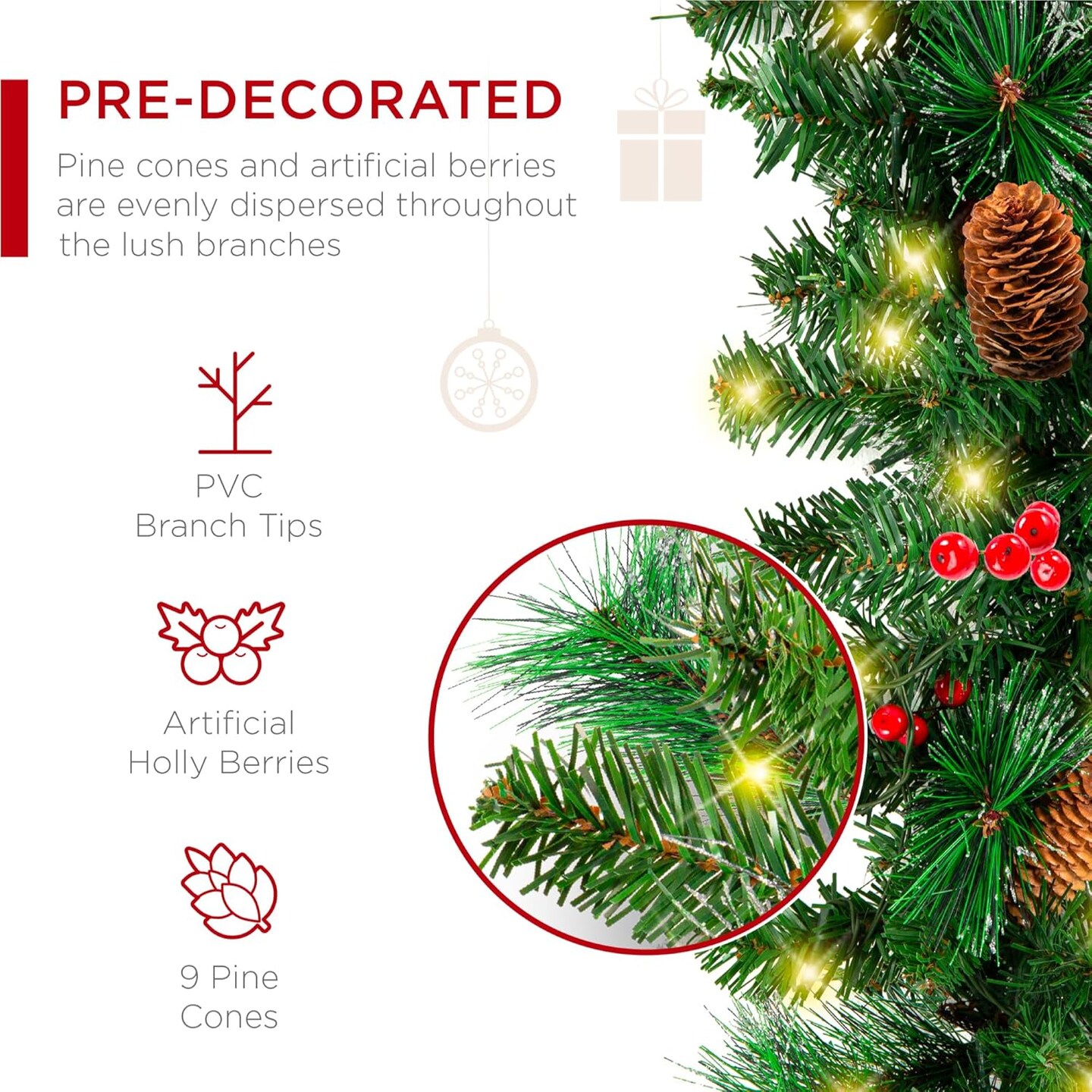 9ft Pre-Lit Holiday Pre-Decorated Christmas Garland for Stairs,50 Lights, Pine Cones, Berries