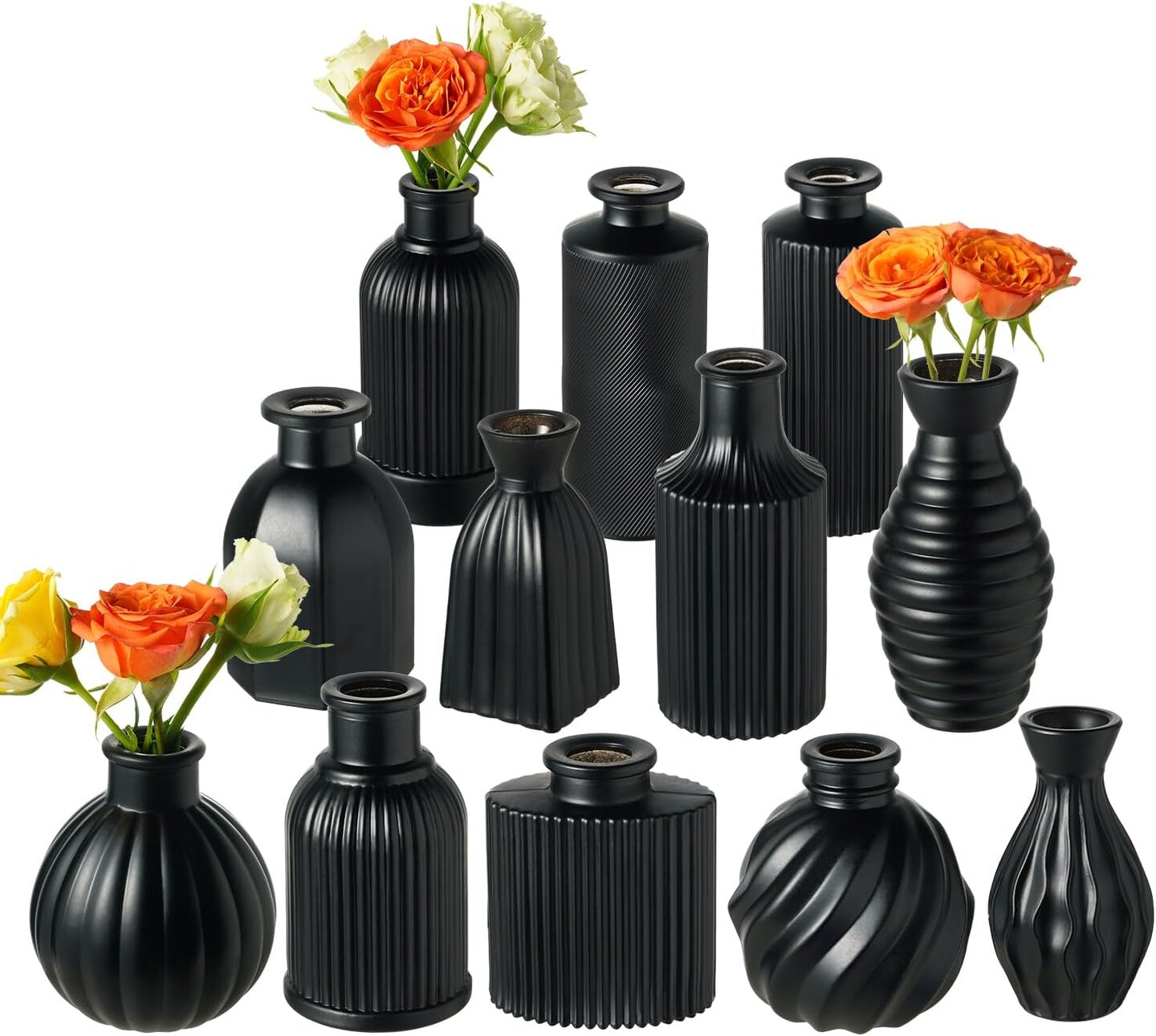 Set of 12 Small Glass Bud Vases Ribbed Modern Vintage Flower Vases