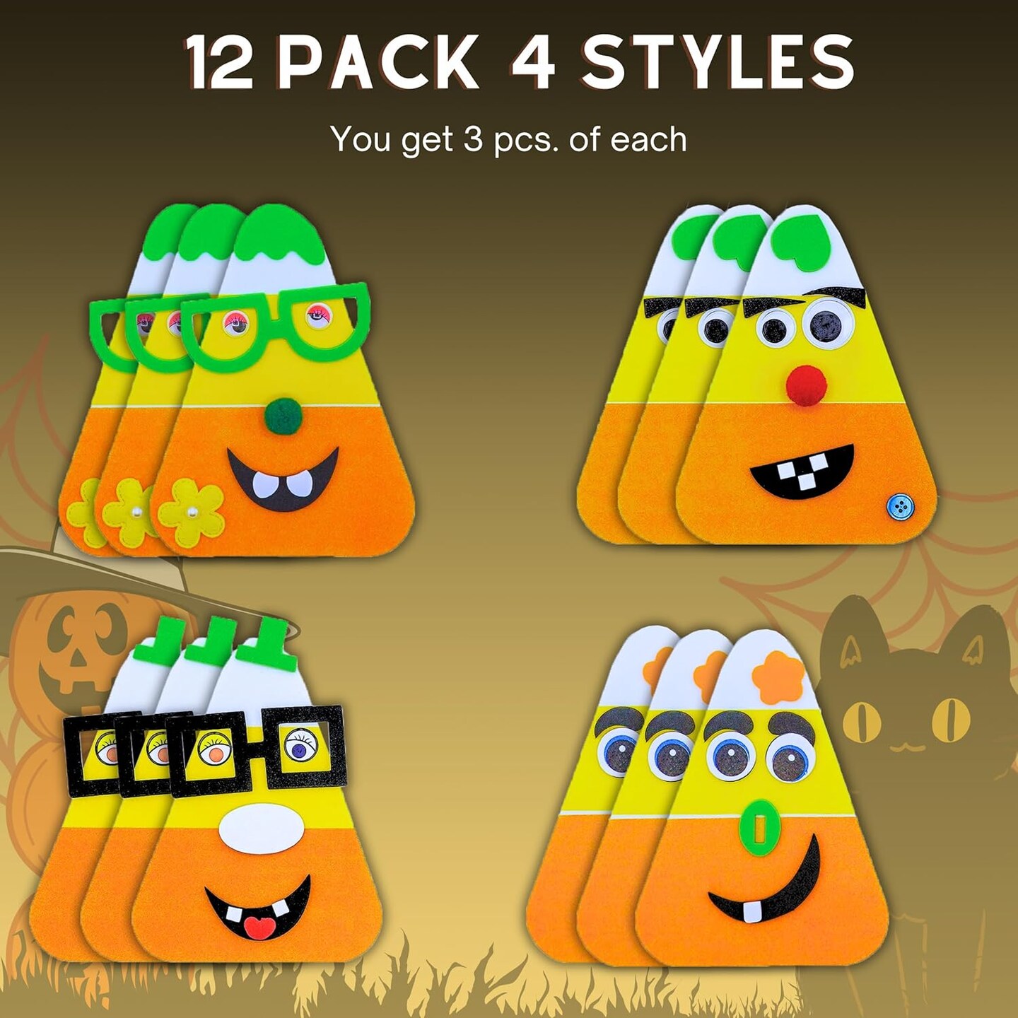 4E&#x27;s Novelty Halloween Crafts for Kids 12 Pack &#x2013; Goofy Candy Corn Magnet Foam Craft Kit, Bulk DIY Fall Arts &#x26; Crafts for Toddlers, Classroom Halloween Activities, Party Favors, and Refrigerator Magnets