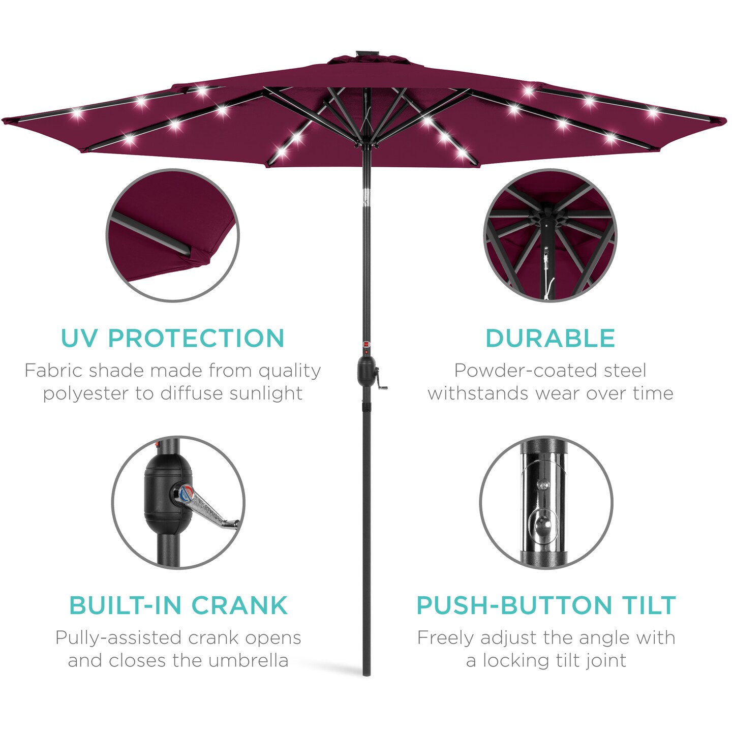 Best Choice Products 10ft Solar LED Lighted Patio Umbrella w/ Tilt Adjustment, UV-Resistant Fabric