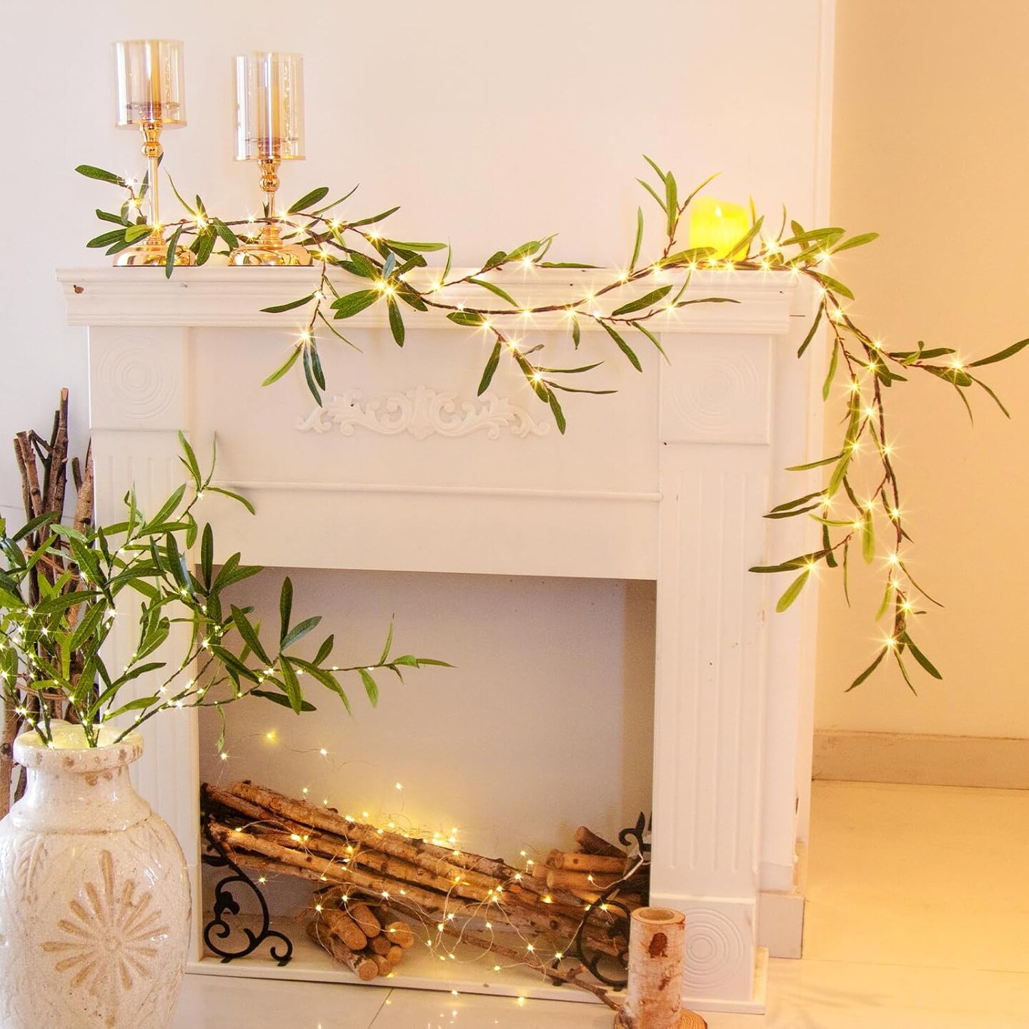 Lighted Artificial Olive Garland, 6FT LED Faux Greenery Vine Garland Lights Battery Operated