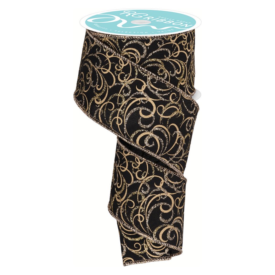 2.5&#x22; Multi Swirls Glitter Ribbon: Black/Gold (10 Yard)