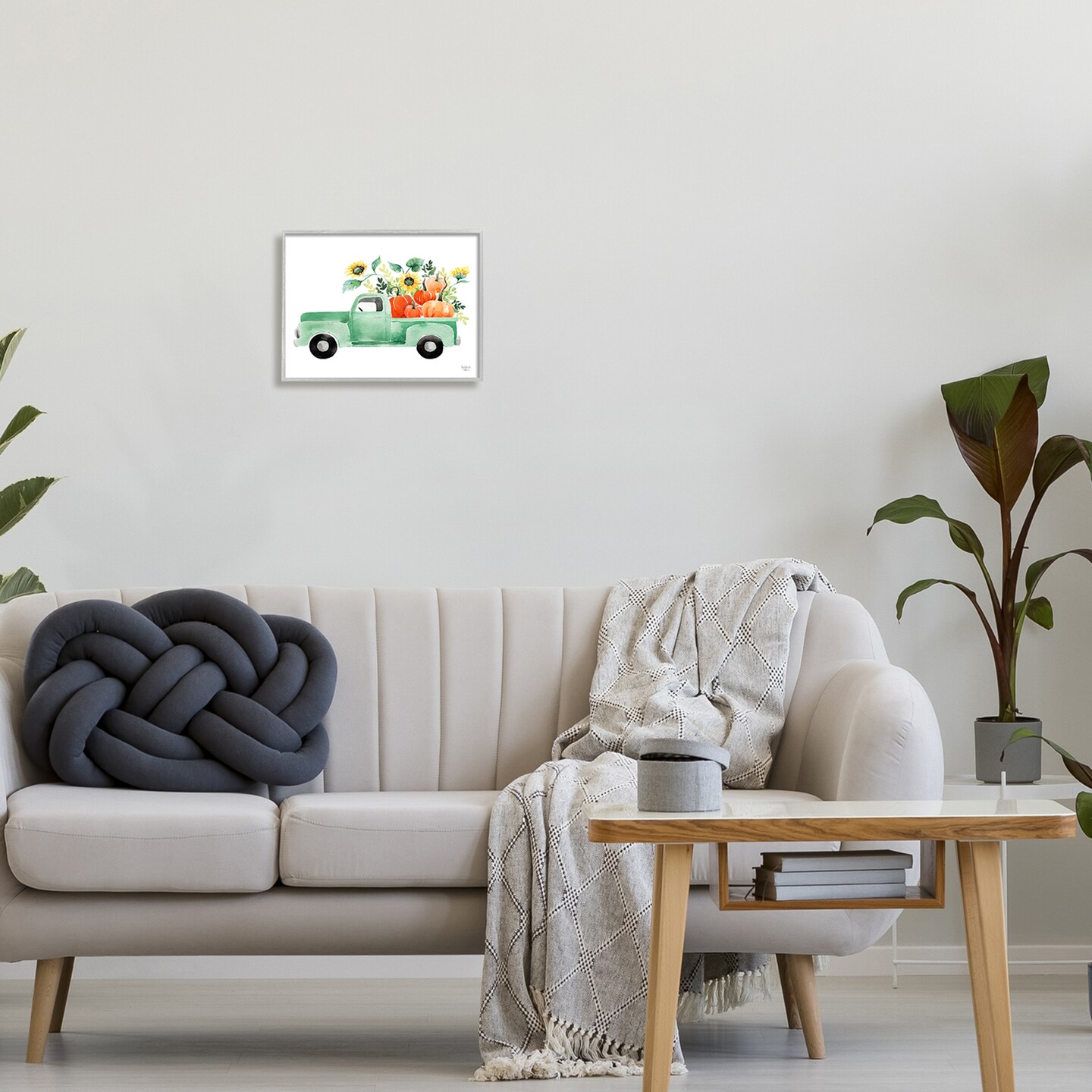 Autumnal Plants Pumpkins Seasonal Green Pickup Truck  Framed Giclee Art