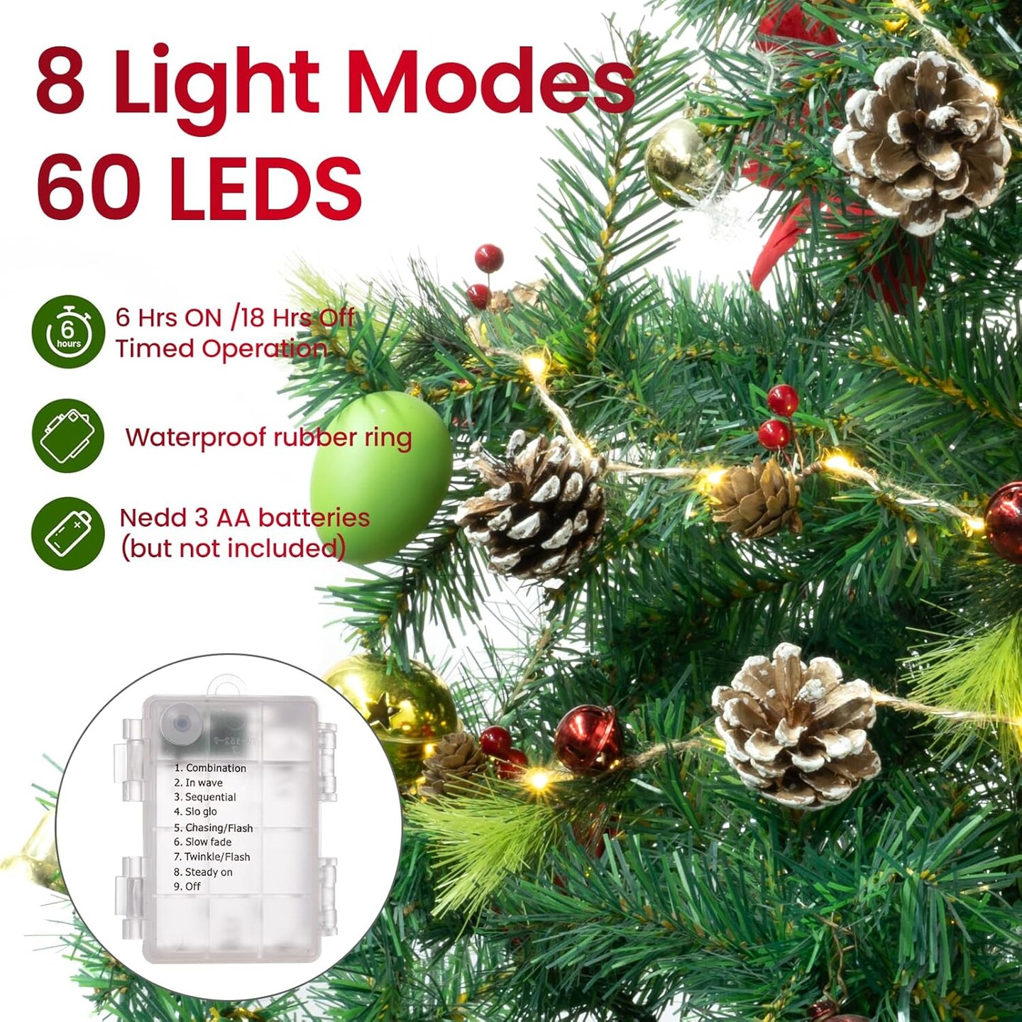 10 FT Pre-Lit Christmas Garland with 60 LED Lights &#x26; 8 Modes,