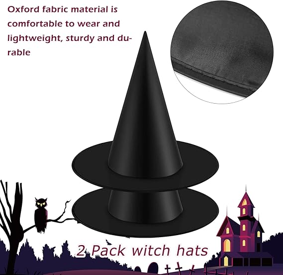 2 Pack Halloween Black Witch Hats with Hanging Rope