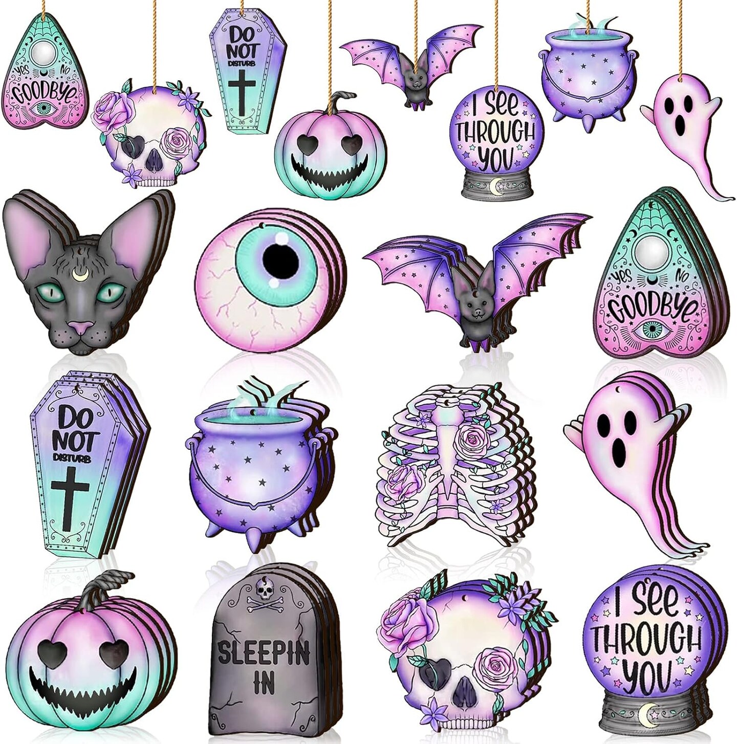 36 Pcs Halloween Wooden Ornaments Cute Purple Pink Spooky Tree Ornaments - Cute
