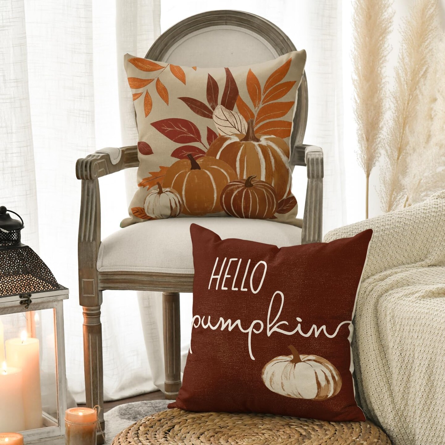 Hello Fall Pumpkin Leaves Pillow Covers