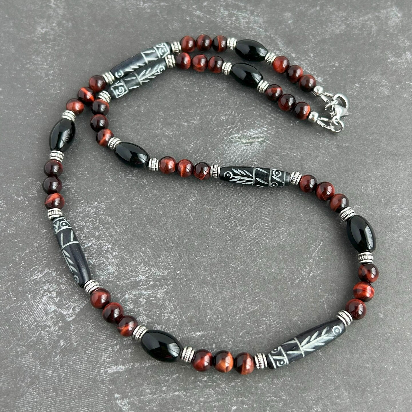 SIMADA様依頼アイテム（Bone necklece） Tribal Style Men's Beaded Necklace - Carved Bone, Red Tiger Eye