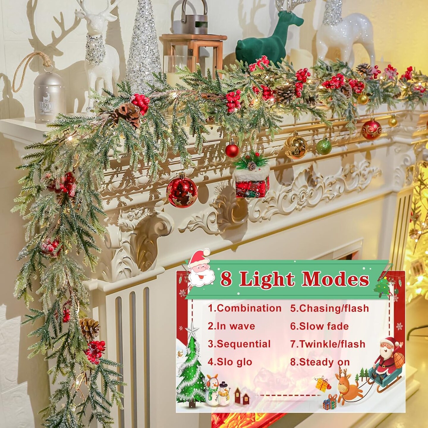 6FT Christmas Garland with Lights, Christmas Decor Pre-lit Artificial Pine Garland