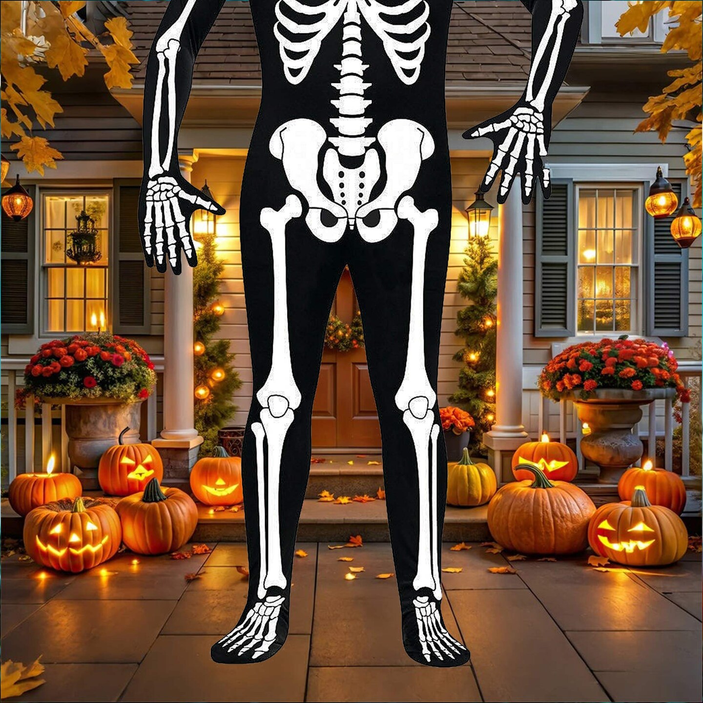 Boy&#x27;s Skull N Bones Morphsuit Costume with Full Hooded Skeleton Print Design