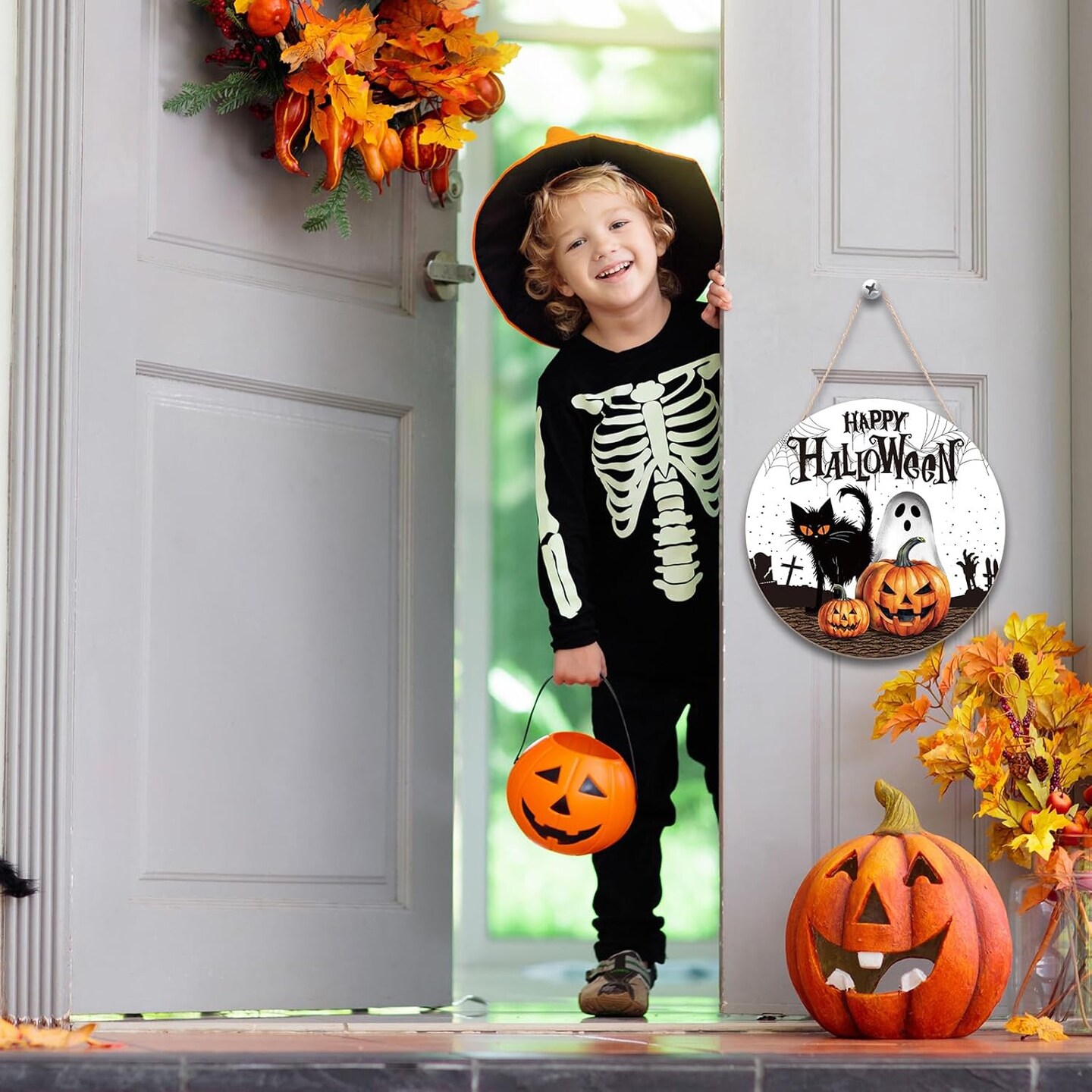 Pumpkin Black Cat Boo Happy Halloween Door Signs