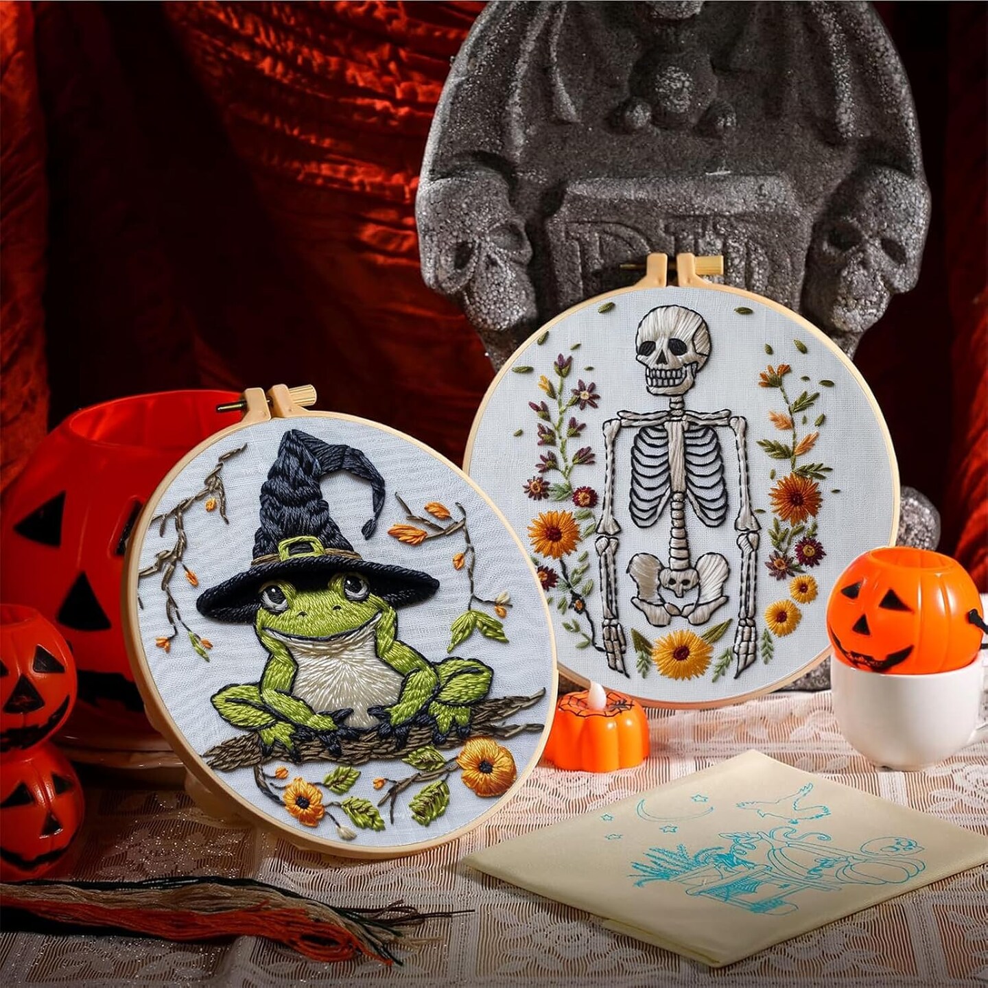 Halloween Embroidery Kit, Halloween Cross Stitch Kit, 4 Set, Adults, Unisex, 6 Inch, Non-Foldable