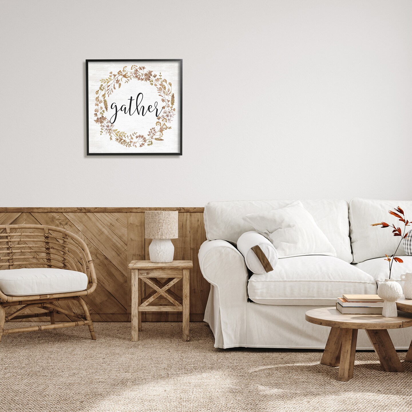 Rustic Gather Script Delicate Floral Botanicals Wreath Framed Giclee Art