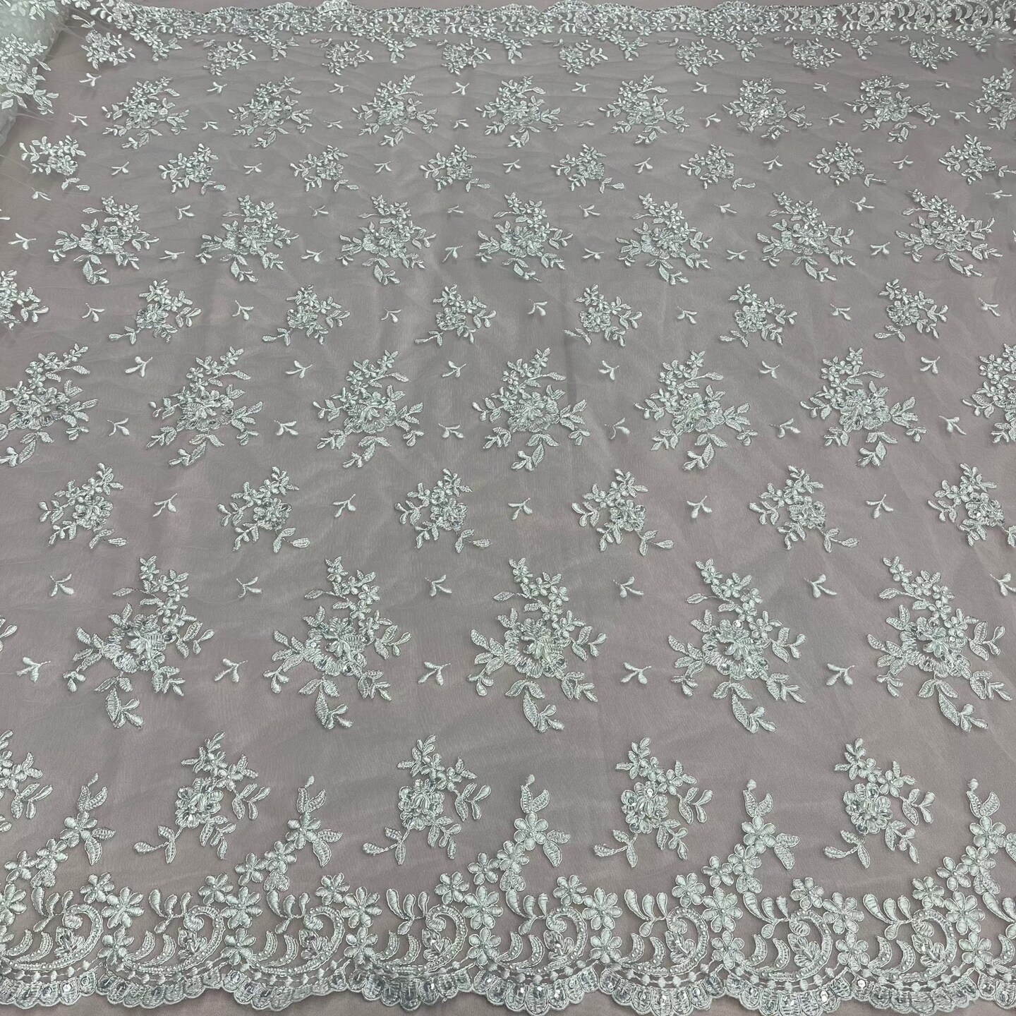 1 Yard Luxurious Beaded and Corded Bridal Lace Fabric Embroidered on 100% Polyester Net Mesh 52 inch Width