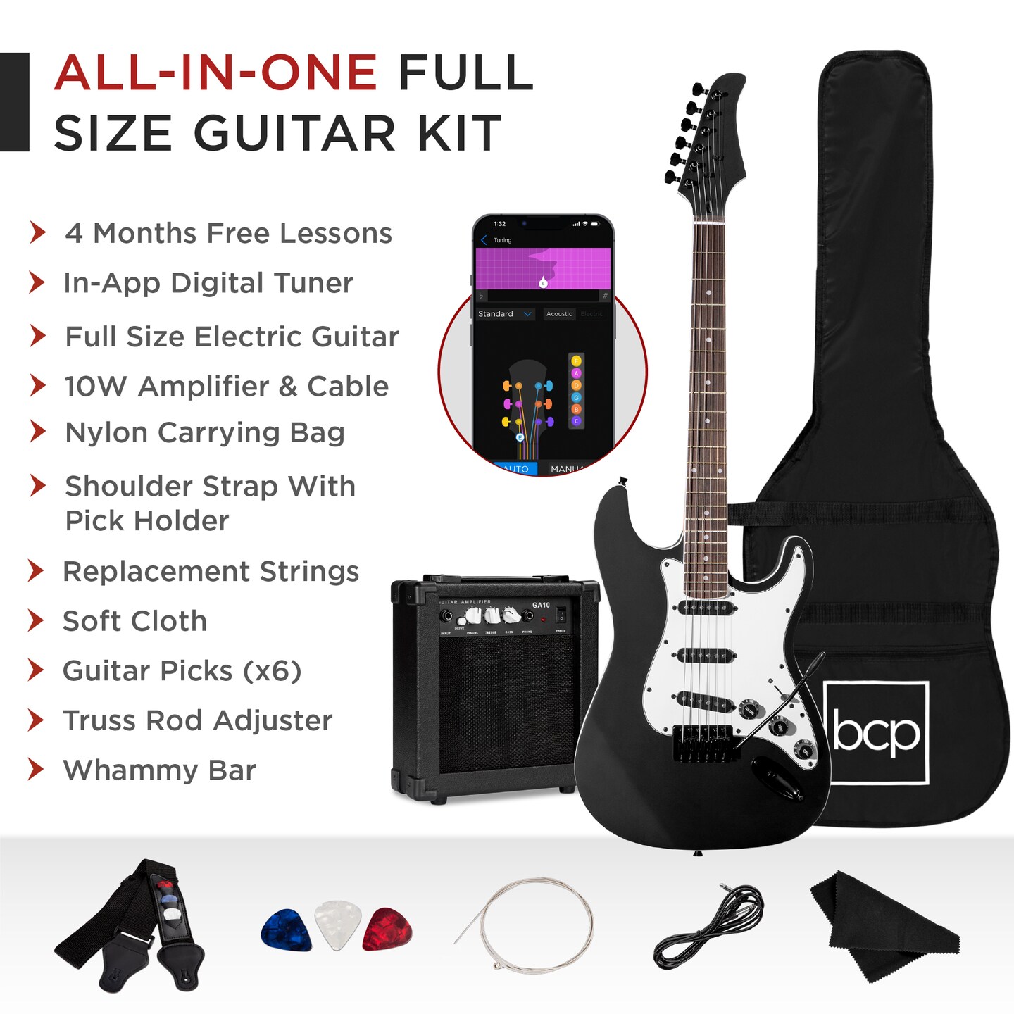 Best Choice Products 39in Full Size Beginner Electric Guitar Kit with Case, Strap, Amp, Whammy Bar