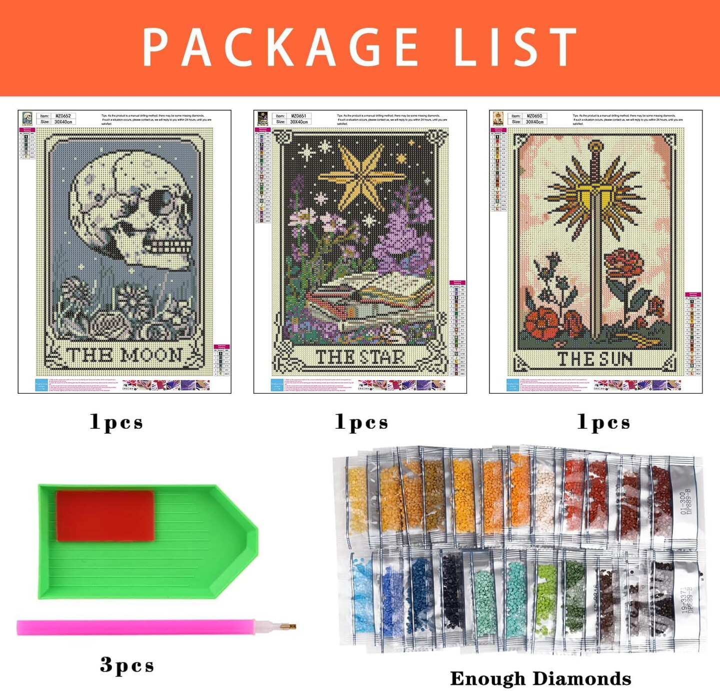 12x16 inch - 3 Pack Tarot Diamond Painting Kits for Adults