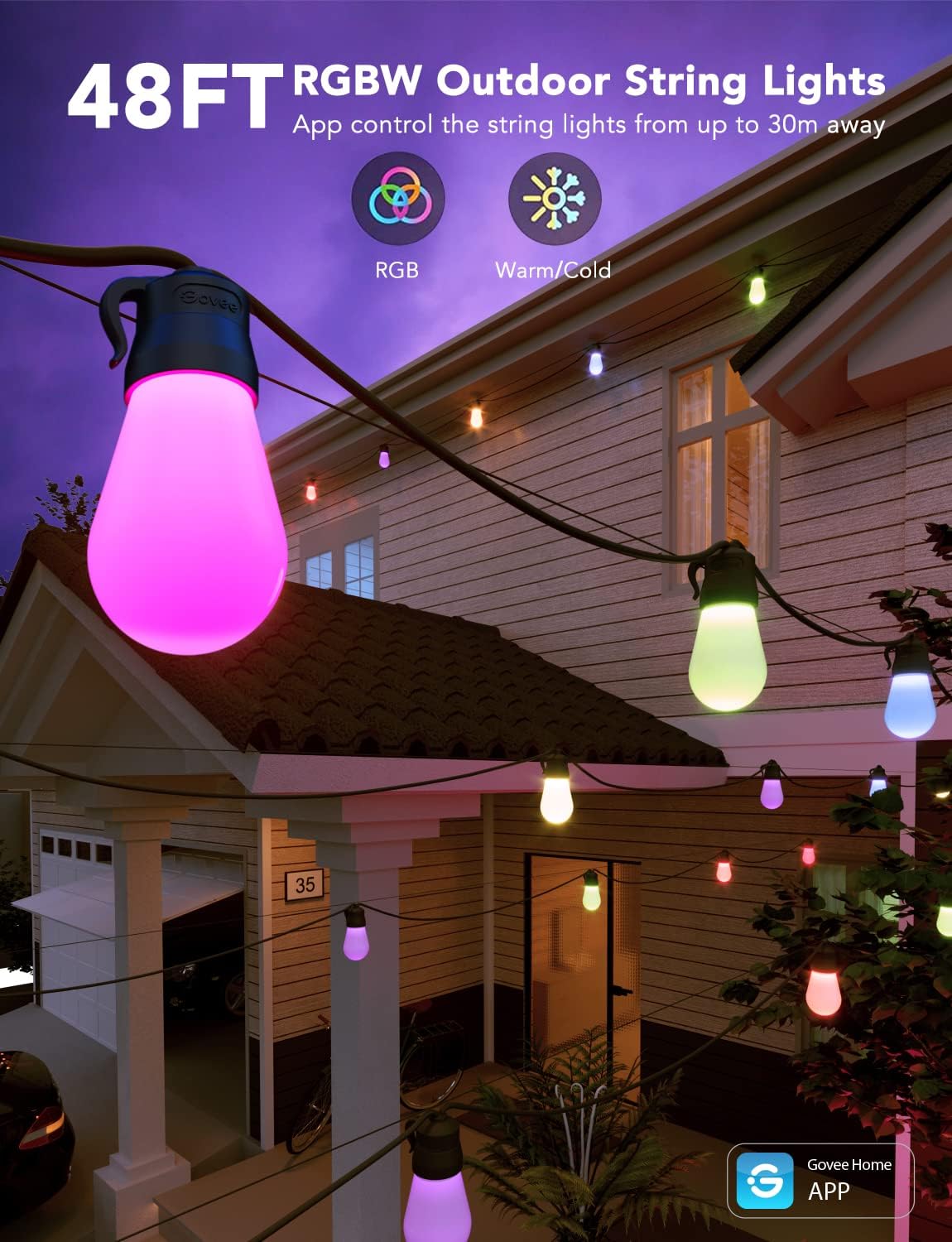 Smart Outdoor String Lights H7015 – 48ft RGBIC String Lights with 15 Dimmable LED Bulbs, IP65 Waterproof, Color Changing Warm White, 47 Scene Modes, App & Music Control for Patio, Backyard, Party Decorations (Black, Clear)