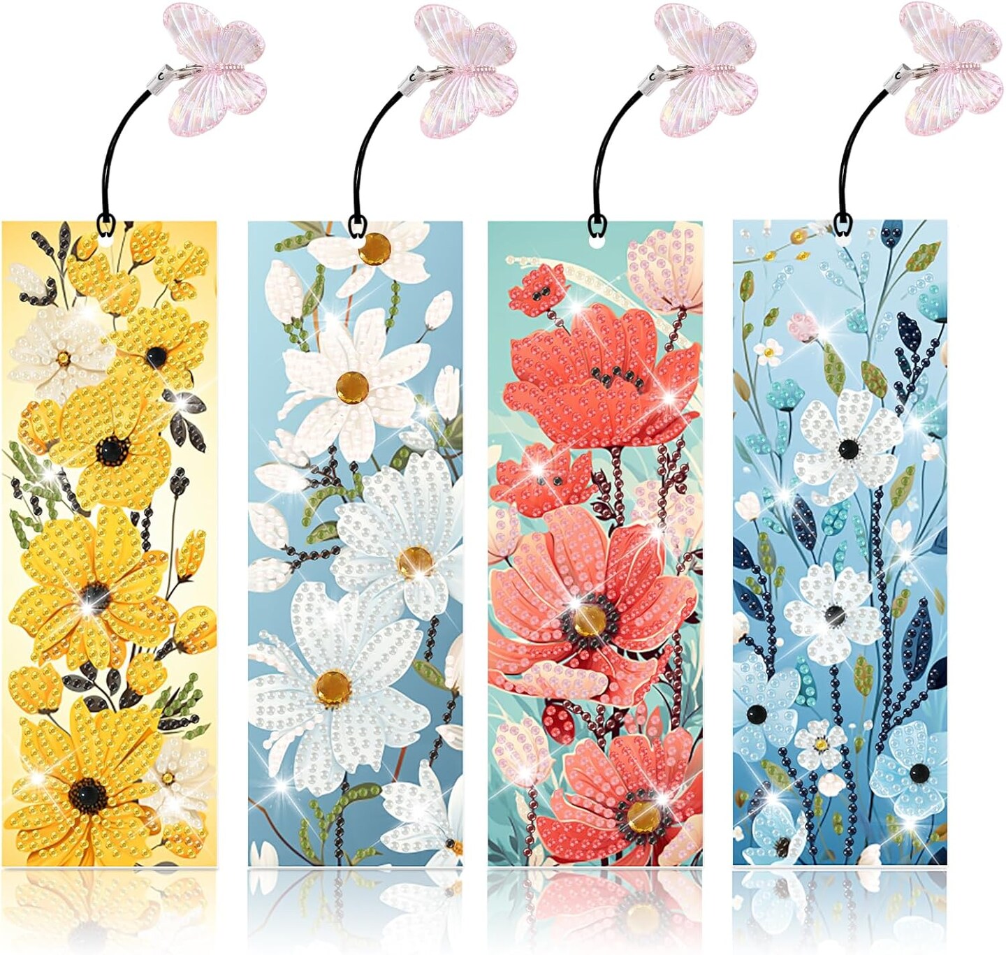 4-Pack Floral Diamond Art Bookmarks Kit - 5D DIY Flower Gem Painting Crafts for Adults, Kids & Seniors - PU Leather Beaded Bookmarks with Tools - Creative Gift for Book Lovers, Teachers, and Students