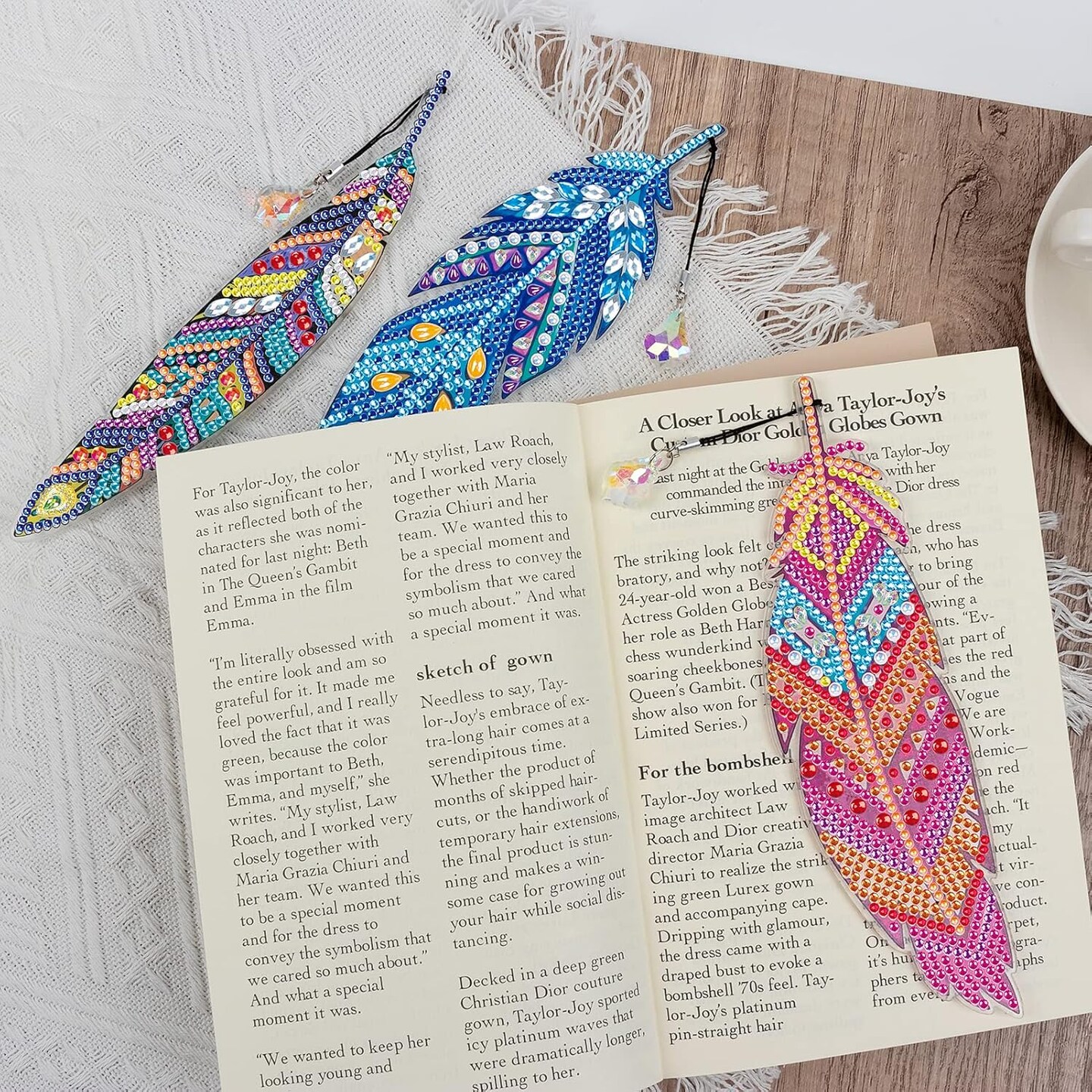 6 Pack DIY Diamond Painting Bookmarks – Feather Acrylic Resin Rhinestone Bookmarks with Tassels for Readers & Craft Lovers