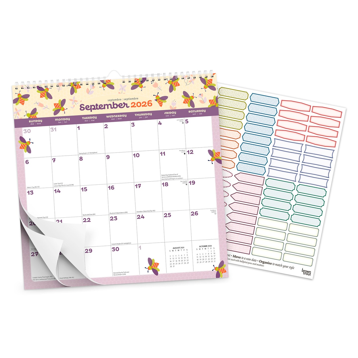 Busy Bees | 2026 12 x 12 Inch (Hanging) Monthly Square Wire-O Calendar | Sticker Sheet