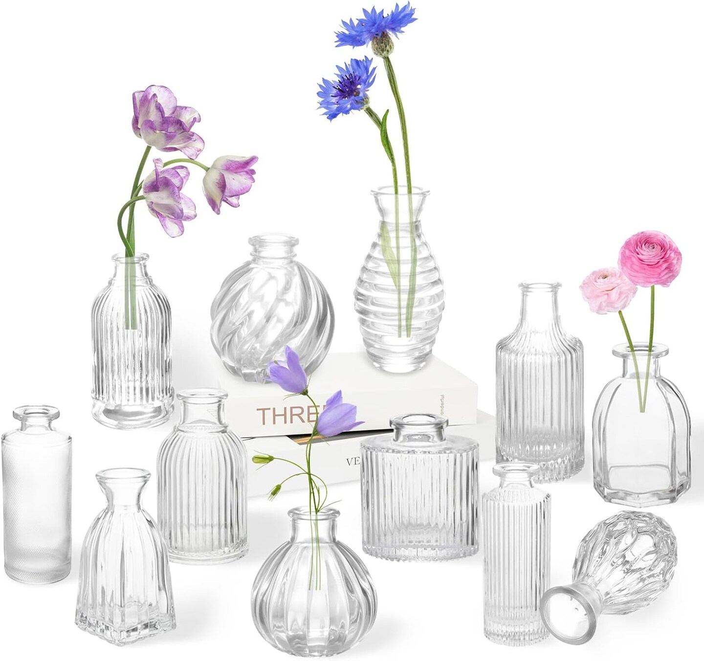 Set of 12 Small Glass Bud Vases Ribbed Modern Vintage Flower Vases