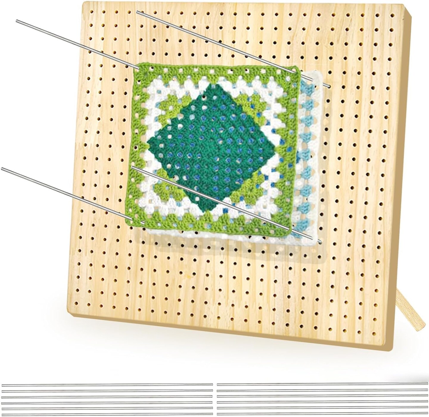 12 Inch Large Size Premium Wooden Crochet Blocking Board - Complete Crochet Accessories Set with 12 Steel Pins - Ideal for Knitting, Granny Squares, and Projects