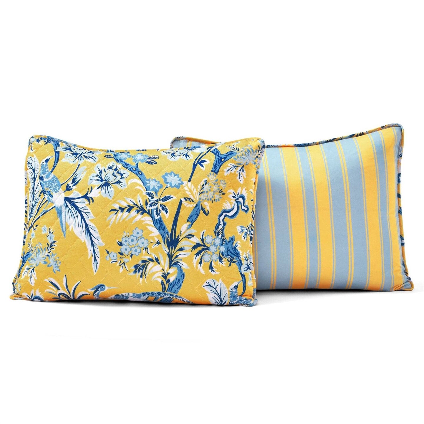 Yellow Blue Cotton Reversible 3-Piece Quilt Set for Beds with Shams