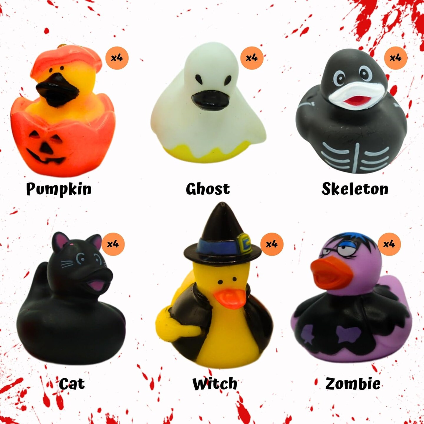 4E's Novelty Halloween Rubber Ducks Bulk 24 Pack – 6 Designs Pumpkin, Cat, Zombie, Witch, Skeleton & Ghost – 2.5" Halloween Party Favors, Goodie Bag Fillers, Jeep Ducking, Trick or Treat Toys