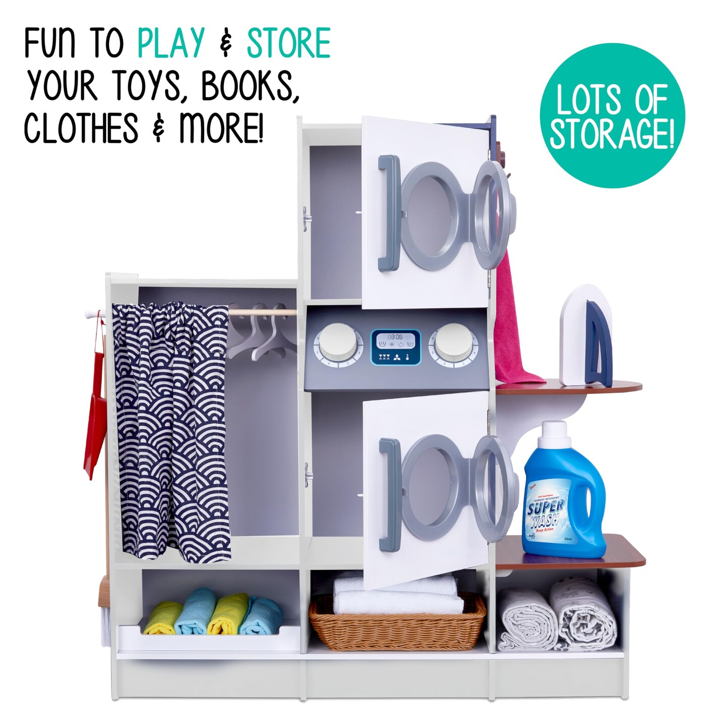 Lil' Jumbl Wooden Pretend Laundry Playset for Kids with Washer and Dryer