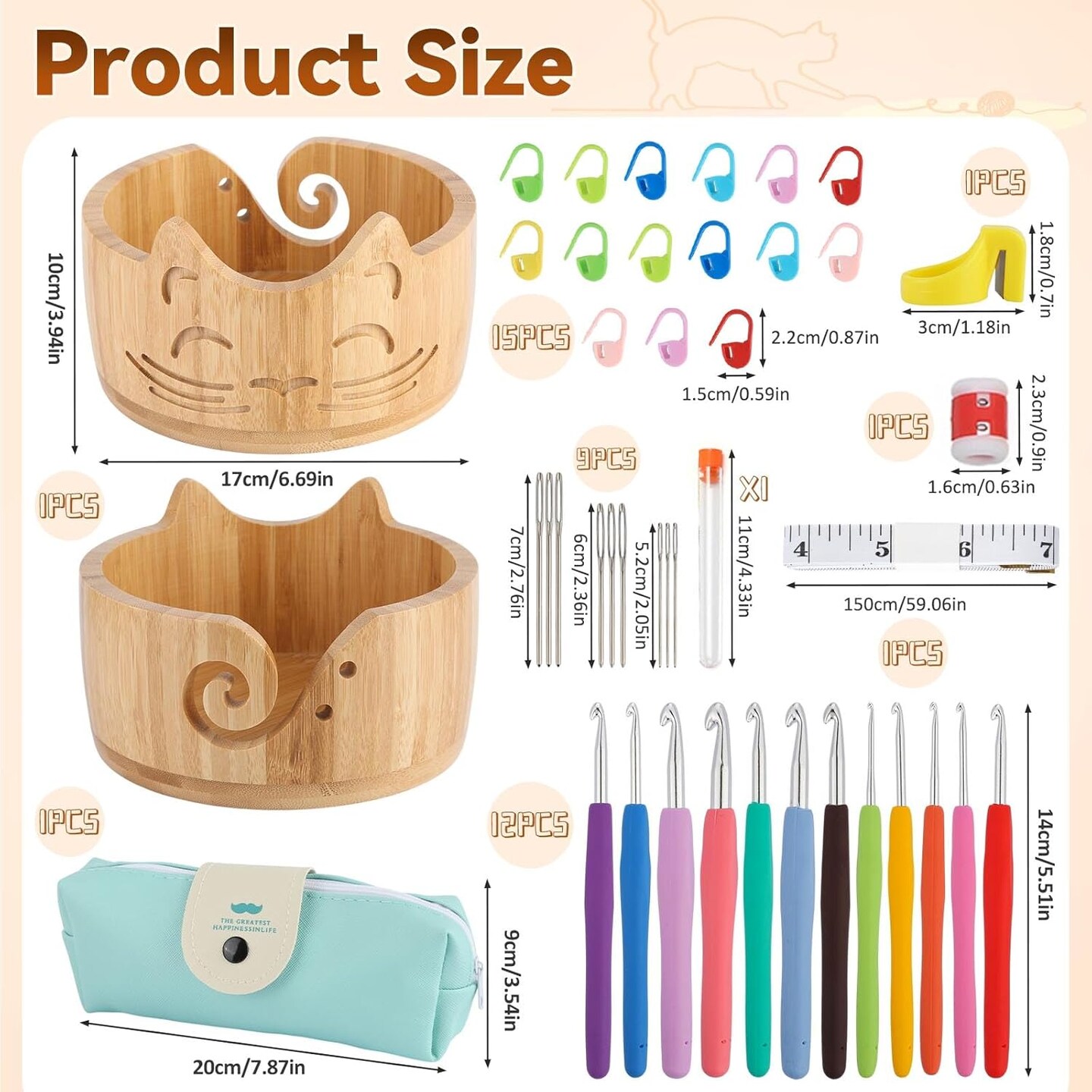 7 X 4inch Cat Yarn Bowl Set, Wooden Yarn Bowls for Crocheting