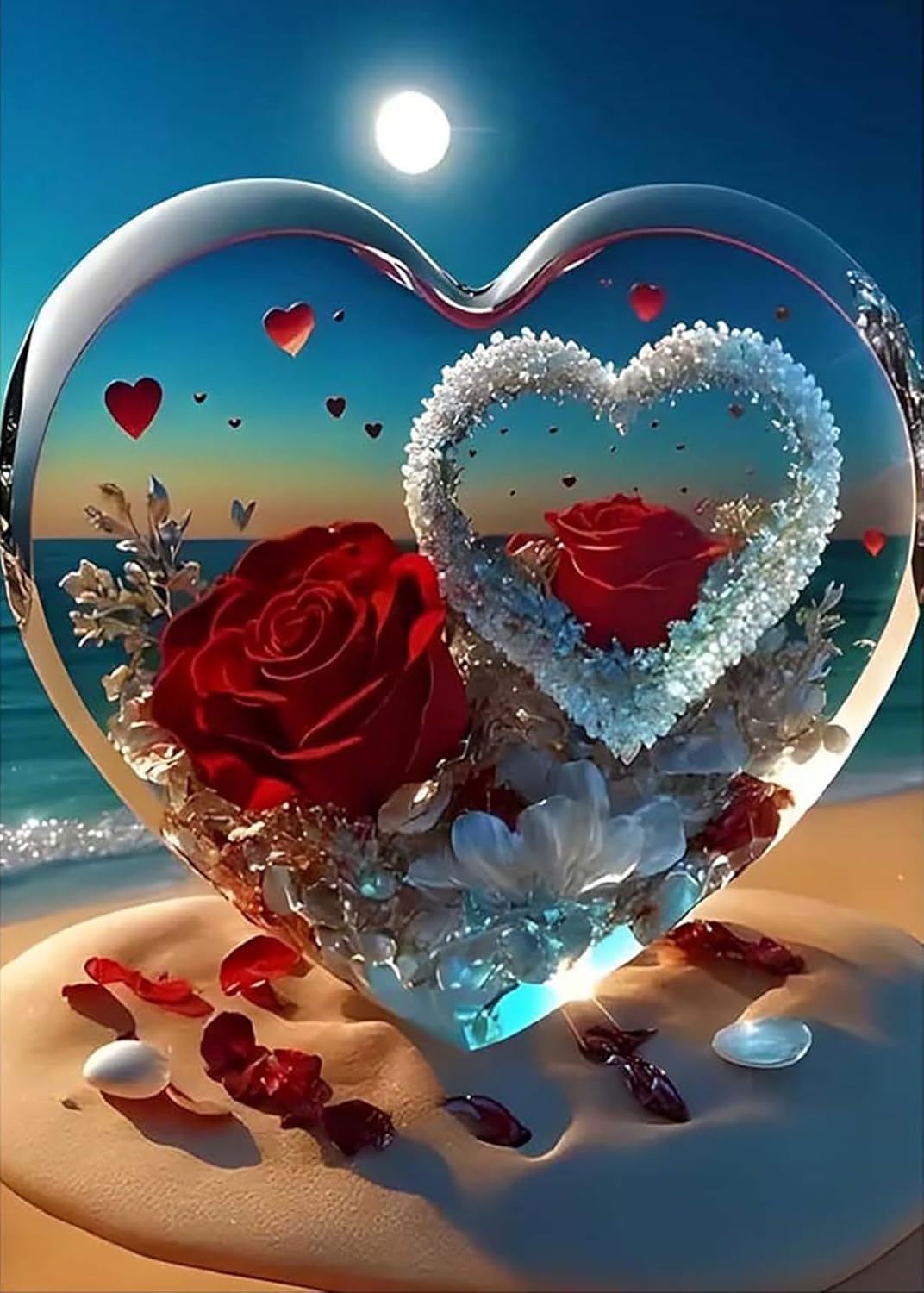 5D Diamond Painting Kit for Adults – “Roses in Love” Beach Scene, Full Drill DIY Rhinestone Art with Round Diamonds, Stress-Relief Craft & Home Wall Decor (Love Rose)12x16 Inch