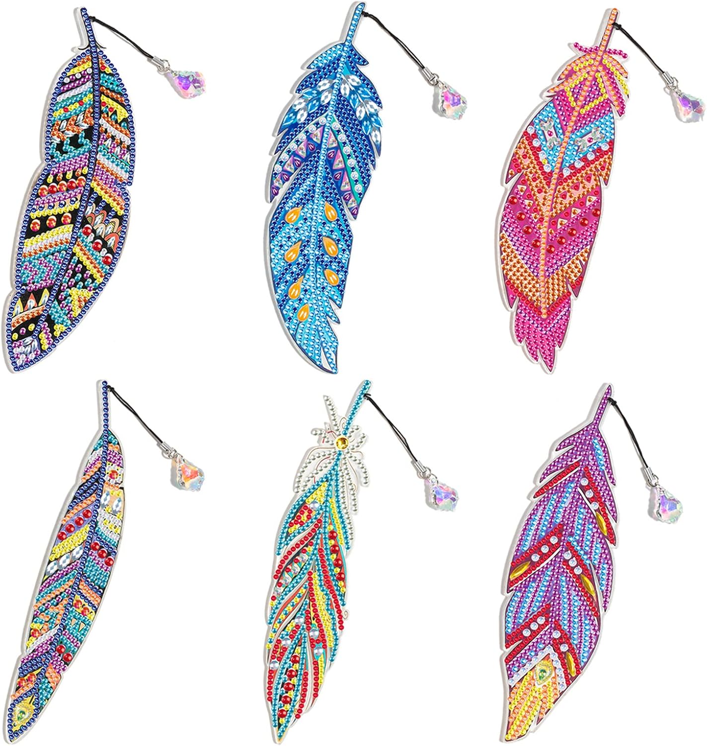 6 Pack DIY Diamond Painting Bookmarks – Feather Acrylic Resin Rhinestone Bookmarks with Tassels for Readers & Craft Lovers