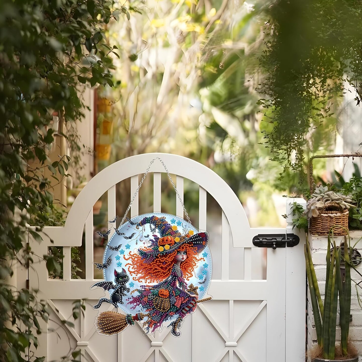 Diamond Art Hanging Kit – Halloween Witch DIY Double-Sided 5D Acrylic Rhinestone Window & Wall Pendant, Home & Garden Decor for Adults