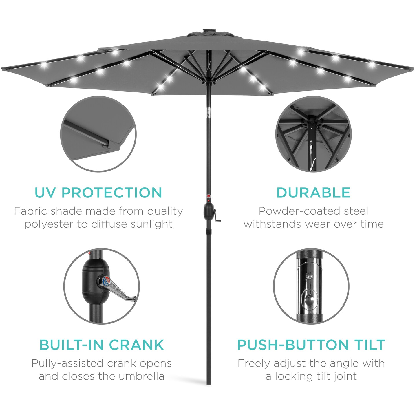 Best Choice Products 10ft Solar LED Lighted Patio Umbrella w/ Tilt Adjustment, UV-Resistant Fabric