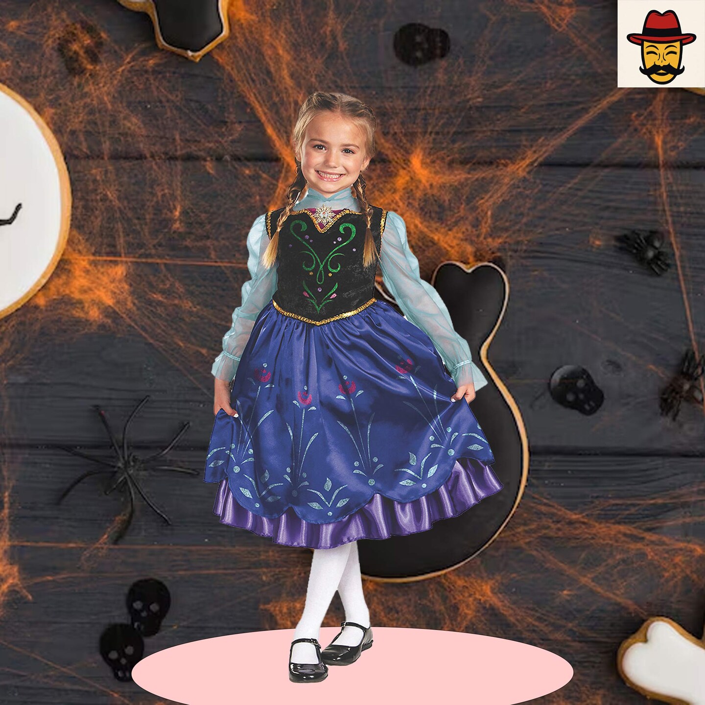 Girls Frozen Anna Costume Blue Purple Black Dress with Velvet Bodice and Floral Skirt