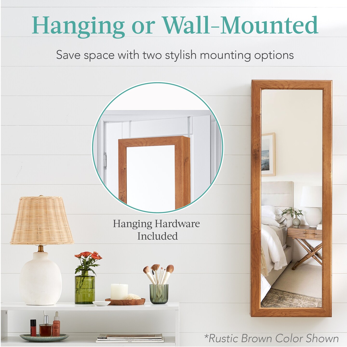 Best Choice Products Hanging Mirror Jewelry Armoire, Door or Wall Mounted Cabinet w/ LED Lights, Lock