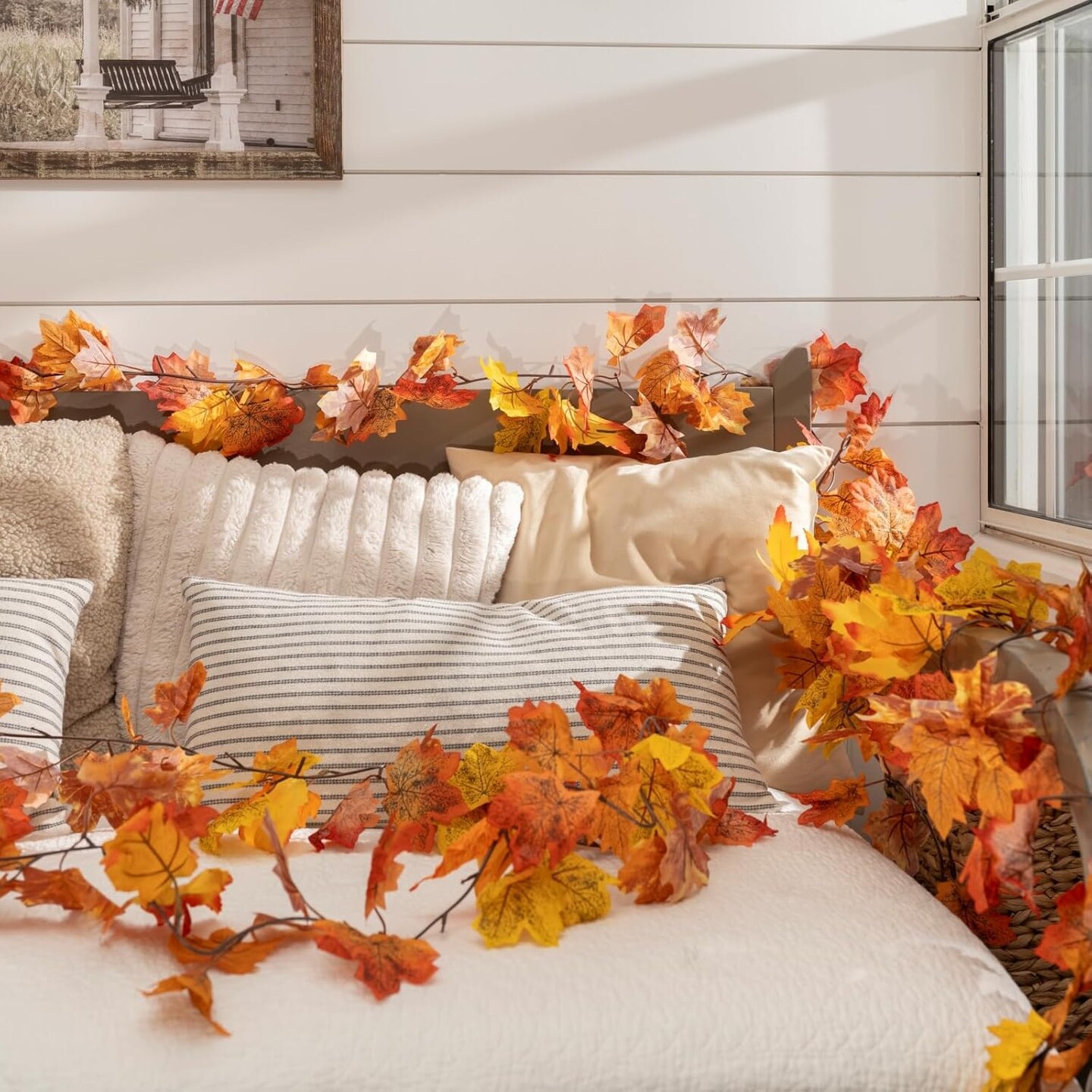 2 Pack Fall Leaf Garland, 5.9Ft Artificial Maple Leaf Garland Fall Leaves