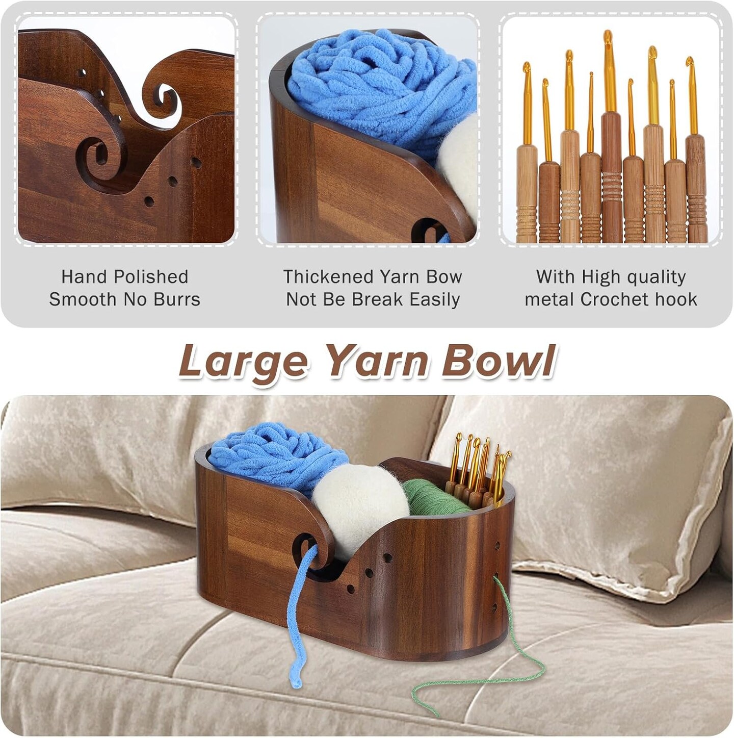 Large Oval Crochet Yarn Bowl, Wooden Storage Yarn Bowls for Crocheting