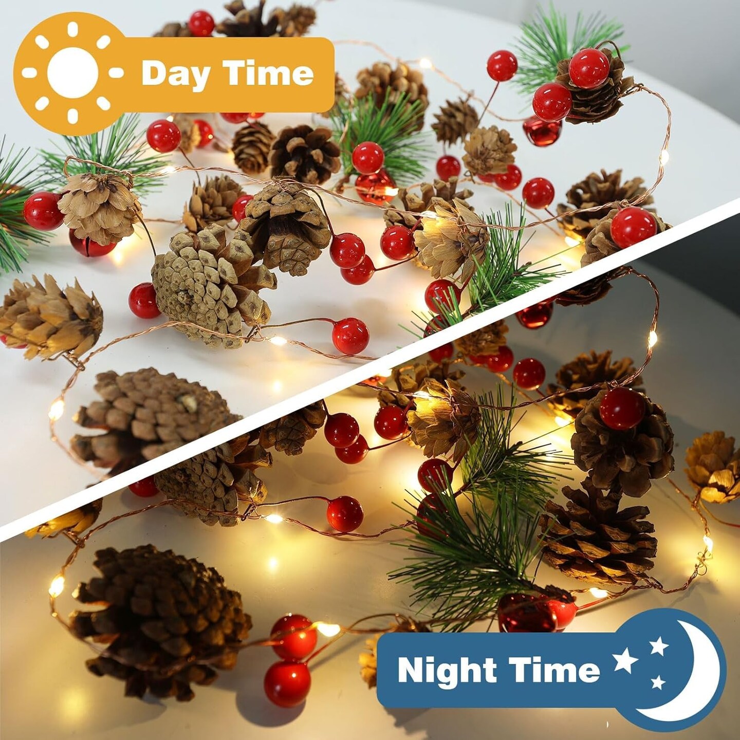 Christmas Garland with Lights, 6.6FT Pinecones Christmas String Lights,20 LED Battery Operated