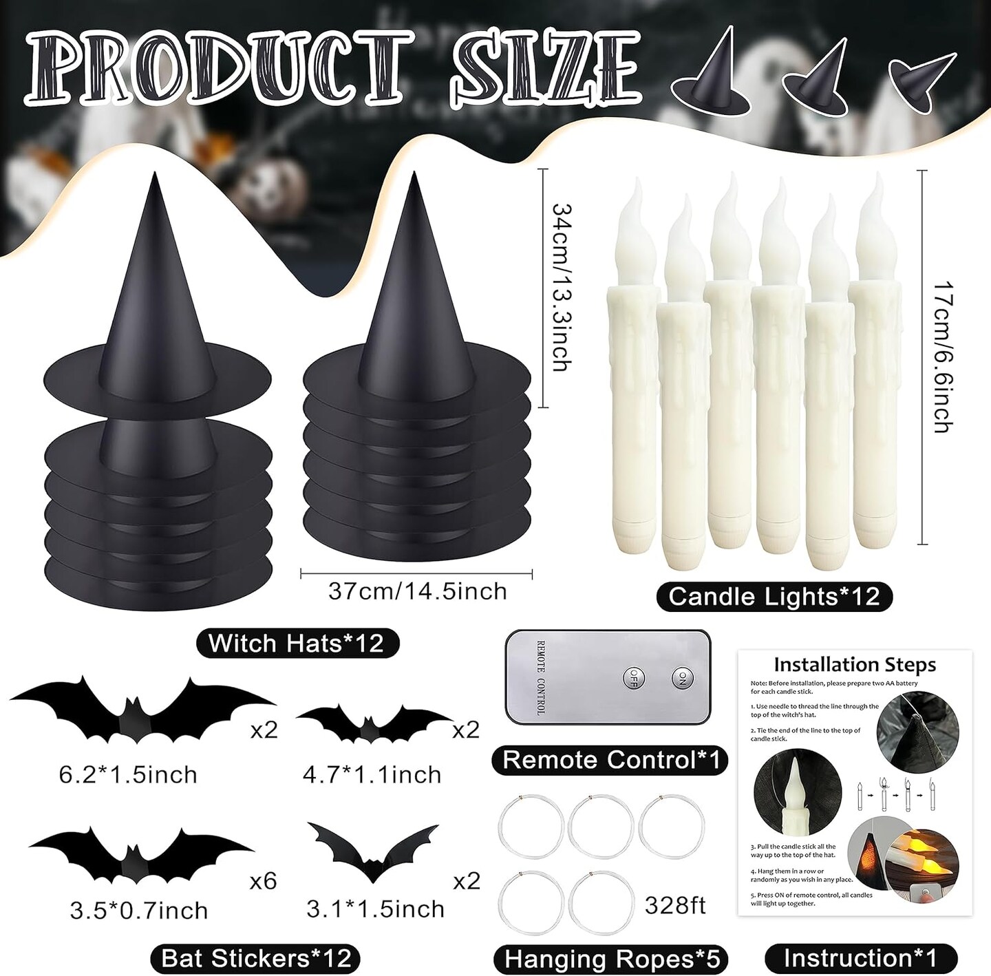Black Light-Up Witch Hats with Flameless Candles&#x26; 3D Bat Wall Stickers &#x2013; Halloween Decor