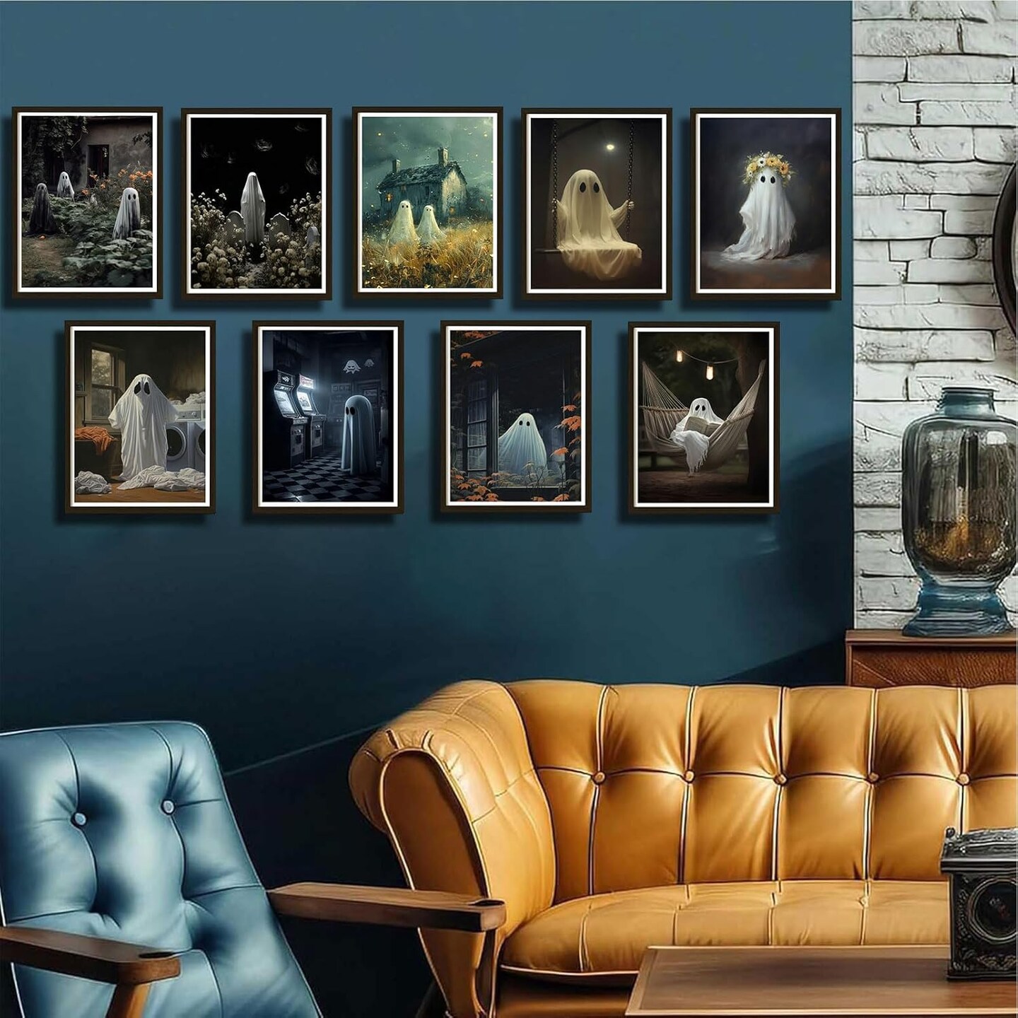 9-Piece Halloween Ghosts Canvas Wall Art – Fashion Funny Gothic Romantic Couple Ghost Prints | Cute Retro Horror Décor | Creepy Dark Academia Posters for Gallery, Bar, Street Shop & Home | Unframed