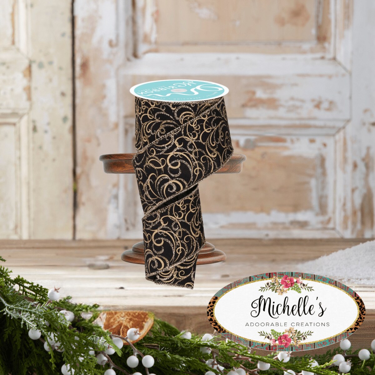 2.5&#x22; Multi Swirls Glitter Ribbon: Black/Gold (10 Yard)