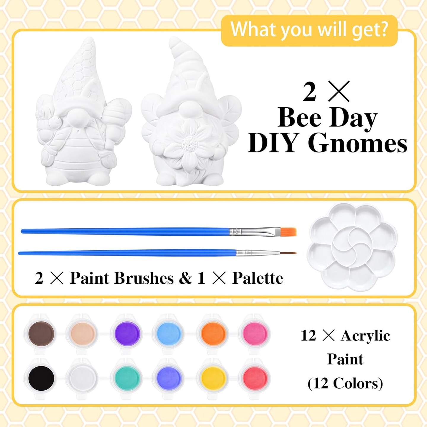 2 Sets Ready to Paint Your Own Bee Gnome Statues DIY Ceramics Bee Gnomes Set Sunflower Garden