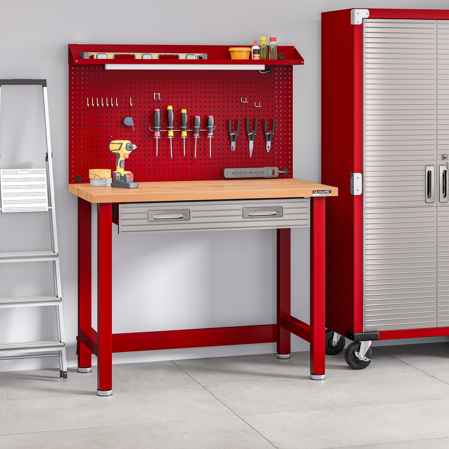 Seville Classics UltraHD Lighted Workcenter w/ Wood Top and Pegboard