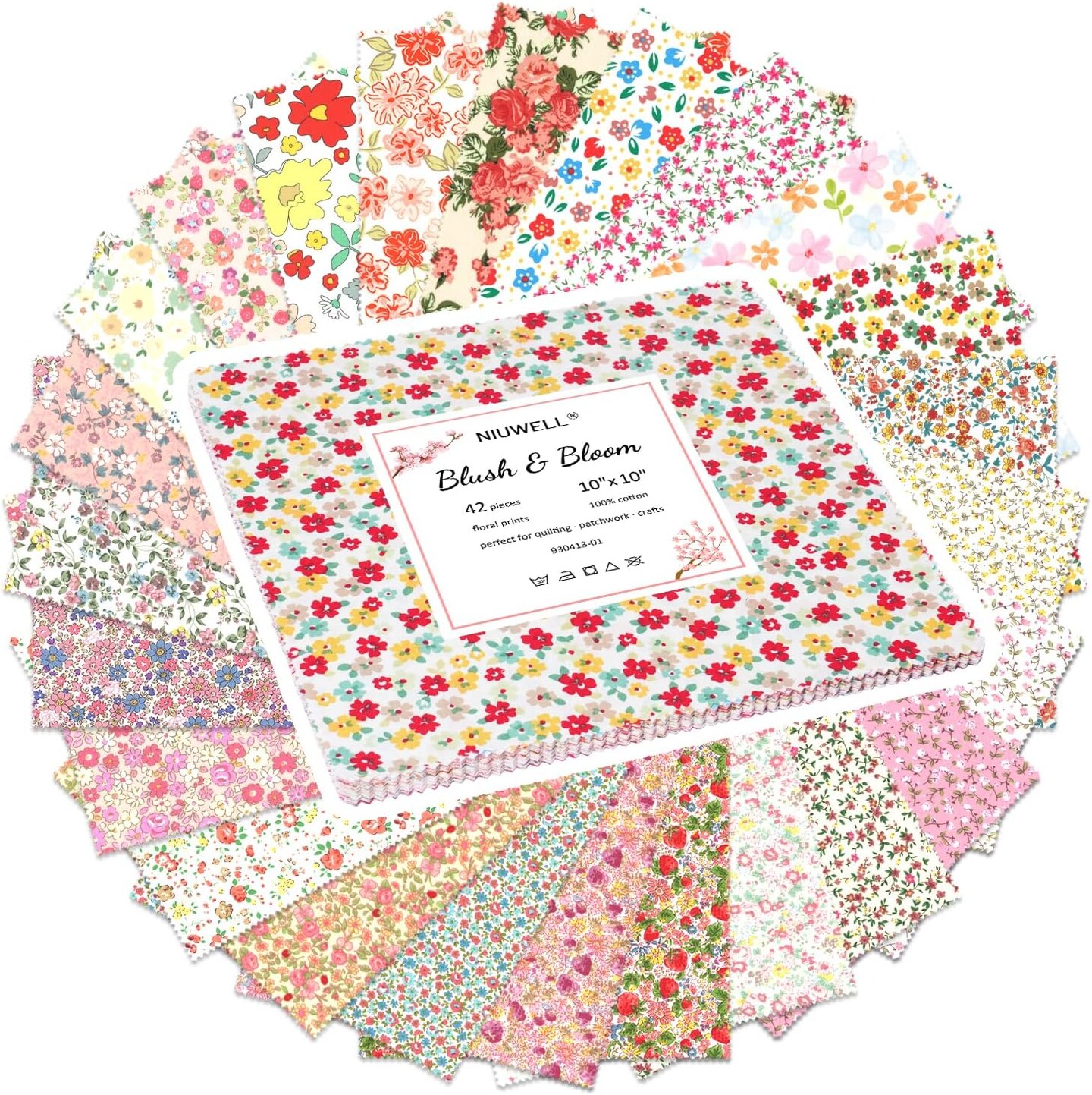 42 Pieces 10″ Pre-Cut Floral Prints Cotton Fabric Squares — Layer Cake Quilting Fabric