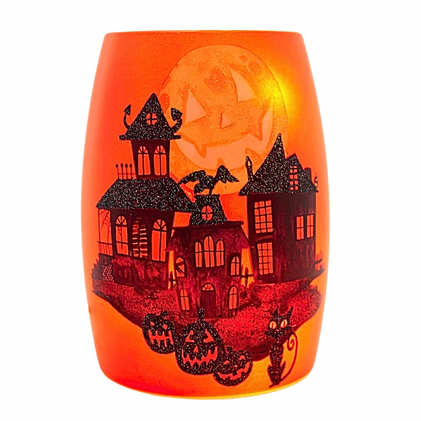 Stony Creek 5.5 Inch Spooky Neighborhood Pre-Lit Small Vase Halloween Lighted Glass Accent , Halloween Haunted House Moon